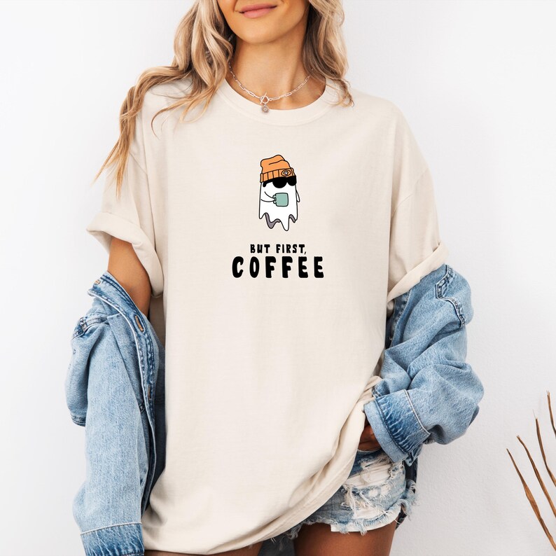 But First Coffee, Cute Ghost Tee, Halloween Shirt, Coffee Lover image 2