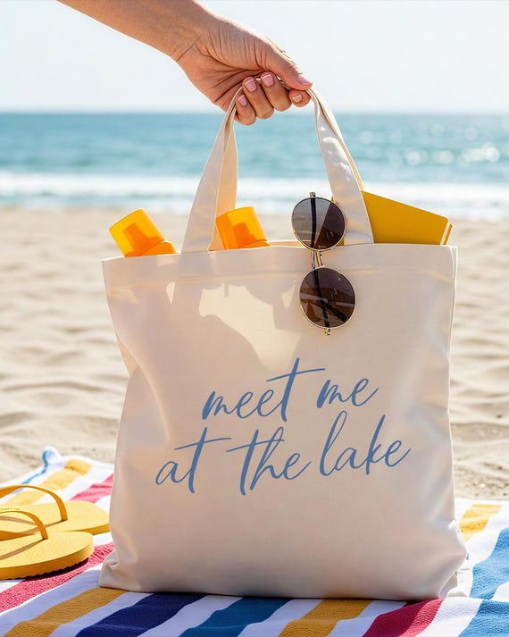 Meet Me at the Lake Tote Bags, lake day, lake life, summer tote bag, meet me at the lake, blue strip tote bag, natural tote bag