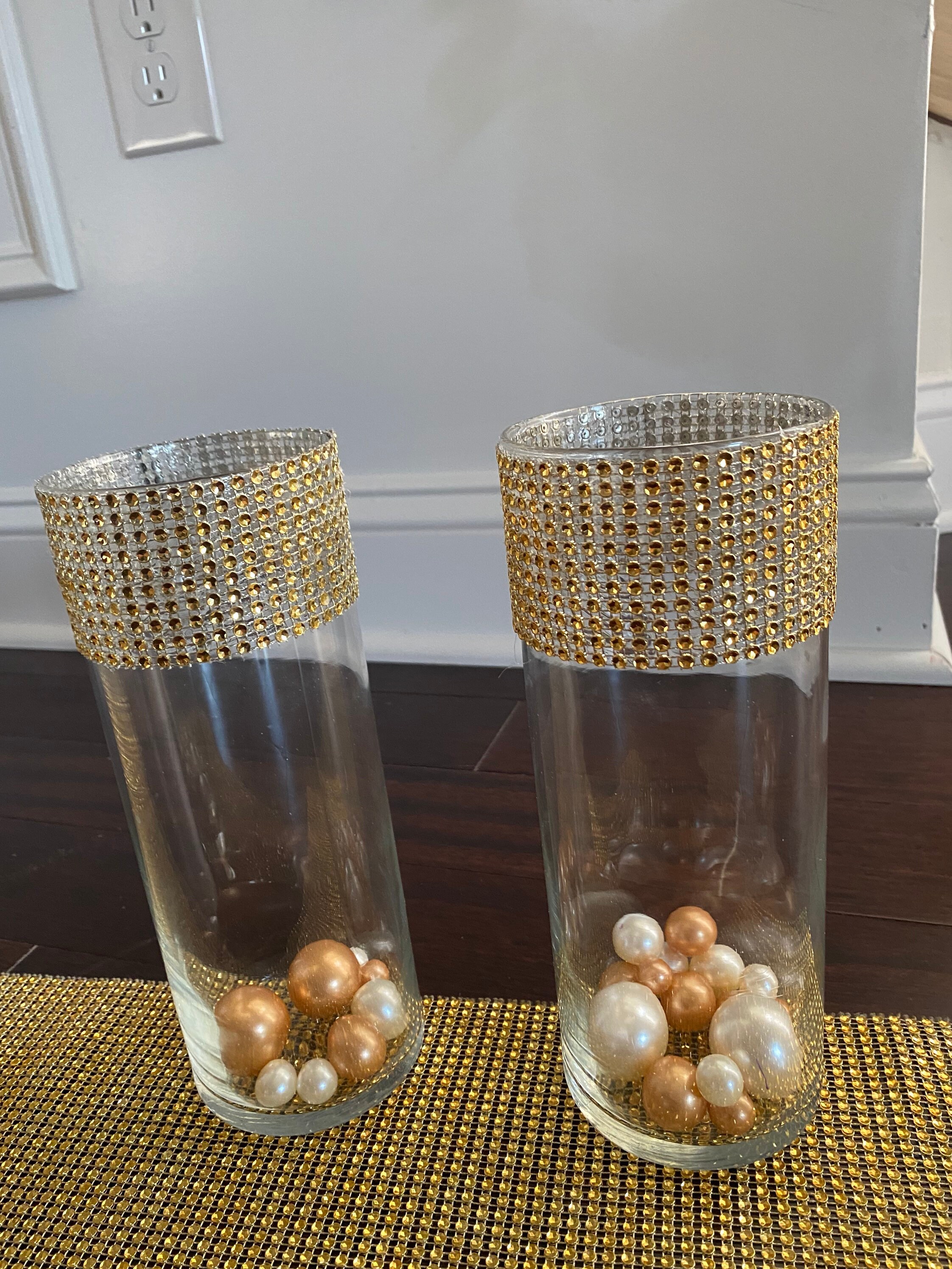 Centerpieces Vase 2 Tall Cylinder Vases Decorated With Gold Etsy