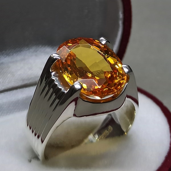 12 Carat Citrine Deep Yellow Citrine Mens Ring Sterling Silver 925 Handmade Ring November Birthstone Ring Anniversary Ring Gift for Him