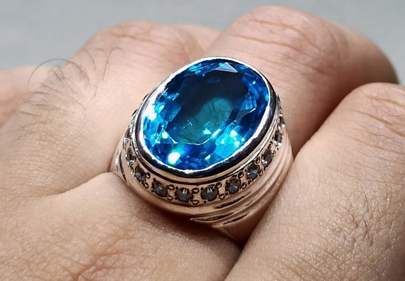14 Carat Blue Topaz Mens Ring Rare Topaz Sterling Silver 925 Handmade Ring Oval Cut Fresh Blue Topaz December Birthstone Ring Gift for Him