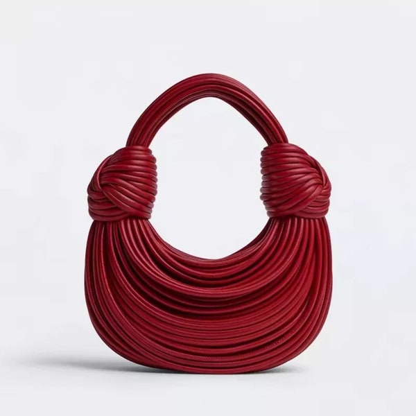 Damen Luxushandtasche | Doppelknotentasche | Modedesigner-Tasche | Tasche aus Kalbsleder | Tragetasche und Hobo-Tasche | Abendtasche | Lässige Tasche | Rot
