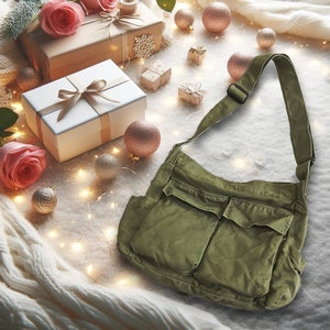 CANVAS MESSENGER BAG, School messenger bag, Canvas Schoudertas, Crossbody Handtas, Unisex messenger bag, Laptop messenger bag, Cadeau voor haar Groen