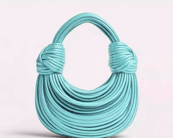 Luxe handtas voor dames | Dubbele knoopzak | Modeontwerpertas | Leren tas van kalfsleer | Tote & Hobo-tas | Avondtasje | Vrijetijdstas | Aquablauw