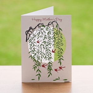 Happy Mother's Day Card - Moederdagkaart wilg en zwaluwen - Aanpasbare boodschap - Lasercut Moederdagkaart - PM868