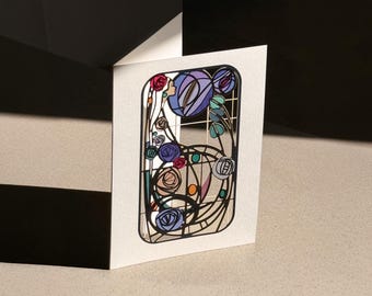 Tarjeta de felicitación en blanco inspirada en Charles Rennie Mackintosh, con la imagen de una mujer y flores, fabricada en el Reino Unido, MC08