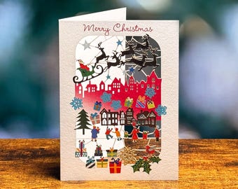Merry Christmas Card, Father Christmas Card, Laser cut Santa and Sleigh card, 3D Xmas Reindeer Card, Card for her, Card for him, Made in UK