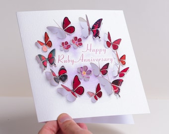 Ruby Anniversary Butterfly Card - 40th Anniversary Card- Happy Anniversary, Pop up Card, 3D Card, Cards for her, Made in the UK /LS 40