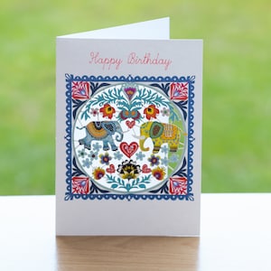 Cartão de Feliz Aniversário com Elefante - Cartão de Aniversário com Dois Elefantes - Cartão de Elefante Indiano - Mensagem Personalizável - Cartão de Aniversário Recortado a Laser - PM562 B