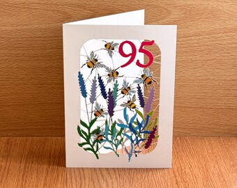 95th Birthday Bee Card, lasercut Card, Age 95 Card, Birthday Bee Card, 95th Bumblebee card, Cards for Her, Cards for Him, Made in UK, BE095R