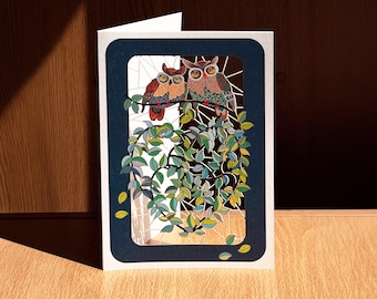 Owls in Tree Card - Blank Card - Nature lover Card, Animal lover Card, Cards for him - Cards for her - Lasercut Card - Made in UK /PM446