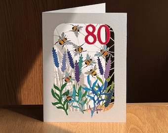 Carte 80e anniversaire abeille, carte découpée au laser, carte 80 ans, carte anniversaire abeille, carte 80e bourdon, cartes pour elle, cartes pour lui, fabriqué au Royaume-Uni, BE080R