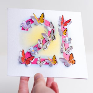 Schmetterling Alter 21. Geburtstagskarte - 3D Skulptur Karte - Happy Birthday 21. Karte, Karten für Sie, Karten für Ihn, Made in UK / LS27