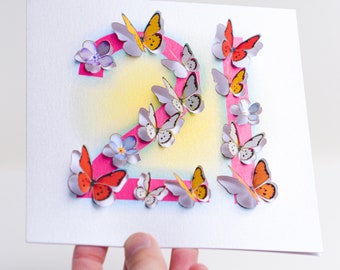 Butterfly Age 21st Birthday Card - 3D sculpture card - Happy Birthday 21st Card, Cards for her, Cards for him, Made in the UK/LS27
