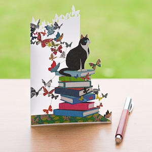 Cat, Butterflies and Books - Cat Lover card - Blank Card, Laser cut card, Cards for her, Gift for cat lover, Made in the UK /BAT 001