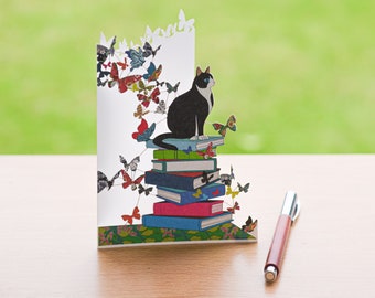 Cat, Butterflies and Books - Cat Lover card - Blank Card, Laser cut card, Cards for her, Gift for cat lover, Made in the UK /BAT 001