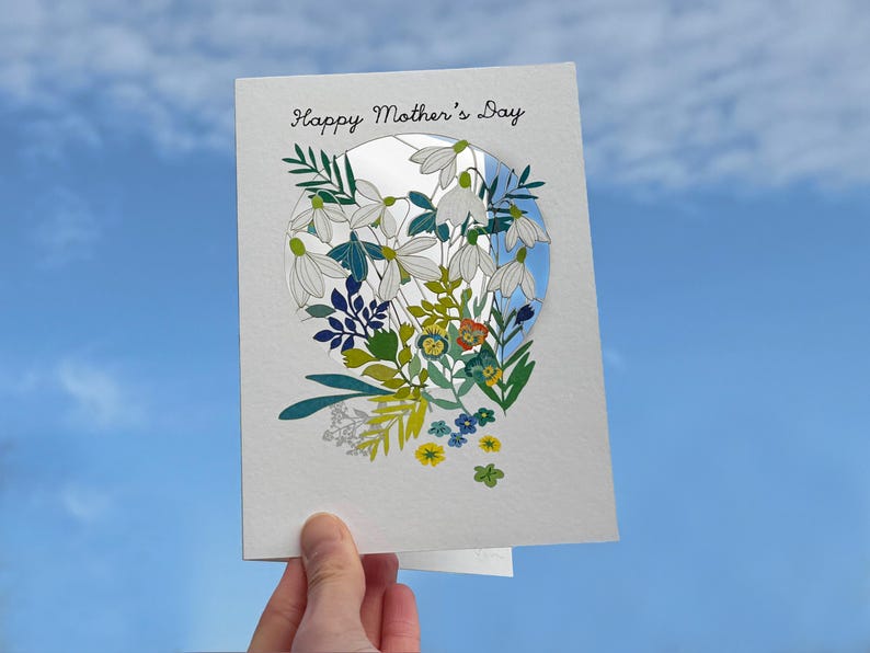 Snödroppekort på mors dag - Snödroppekort med mönster från Mother's Day - Kort till henne - Kort till honom, laserskuret kort - Tillverkat i Storbritannien - PM417 bild 1