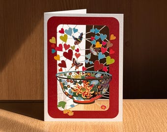 Porcelain bowl, Hearts and Butterflies Card - Blank Card  - Cards for her - Cards for him, Lasercut Card - Made in the UK - PM444