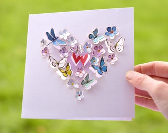 Butterfly, Dragonfly, Flower, Valentines Day Heart Card, 3D sculpture card, Card for women, Cards for her, butterfly lover, Made in UK /LS06