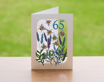 Carte de 65e anniversaire abeille, carte découpée au laser, carte de 65 ans, carte d'anniversaire abeille, 65e carte bourdon, cartes pour elle, cartes pour lui, fabriqué au Royaume-Uni, BE065B