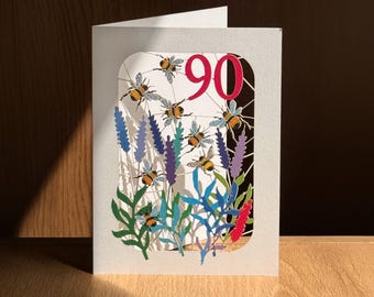 Carte des 90 ans - bleu - 90 ans, carte d'anniversaire abeille, carte bourdon des 90 ans, unisexe BE90R