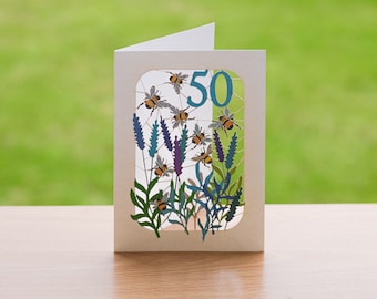 50th Birthday Bee Card, lasercut Card, Age 50 Card, Birthday Bee Card, 50th Bumblebee card, Cards for Her, Cards for Him, Made in UK, BE050B