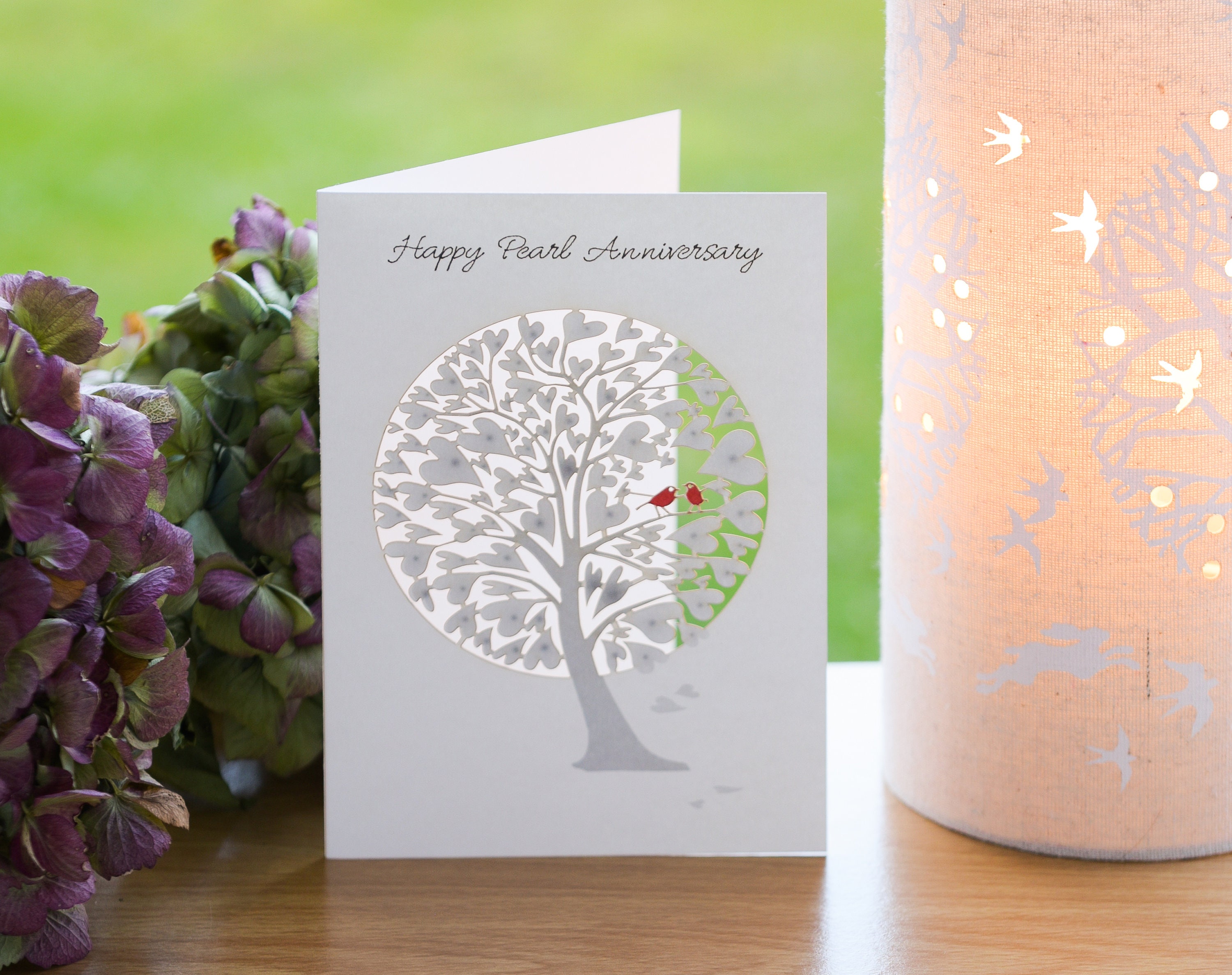 Happy Pearl Anniversary Tree of Hearts Card - Birds Pearl Anniversary ...