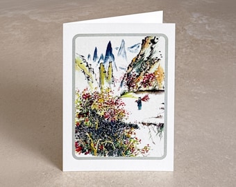 Chinese Painting Blank Card featuring Mountains and blossom tree, Spiritual Card, floral card  - Made in the UK - D15