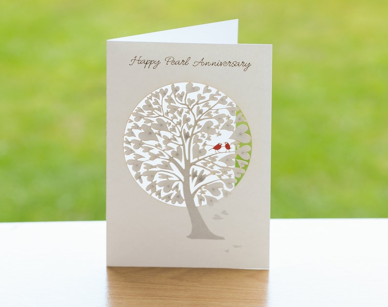 Happy Pearl Anniversary Tree of Hearts Card - Birds Pearl Anniversary ...