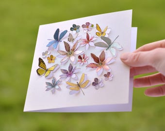 Butterfly, Flower and Dragonfly Blank Card - Spring time Card, 3D sculpture card - Card for women, Cards for her, Made in the UK /LS08