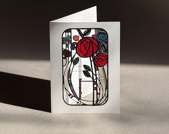 Carte de voeux vierge inspirée de Charles Rennie Mackintosh, représentant des roses rouges, fabriquée au Royaume-Uni, MC04