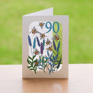 90e verjaardagskaart - blauw - leeftijd 90e kaart, verjaardagskaart bij, 90e hommelkaart, uniseks BE90B