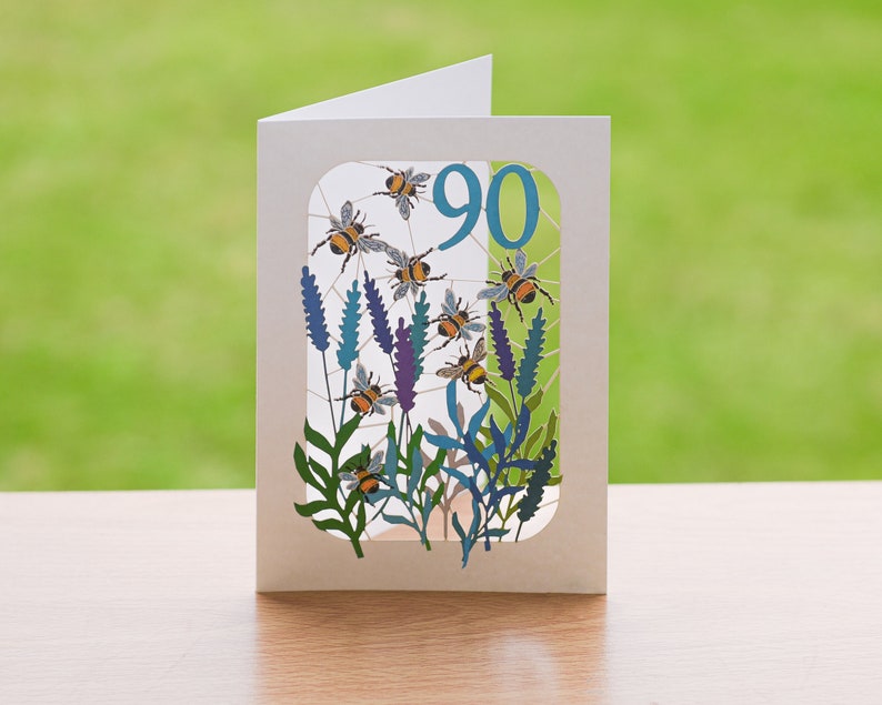 Carte des 90 ans - bleu - 90 ans, carte d'anniversaire abeille, carte bourdon des 90 ans, unisexe BE90B image 1