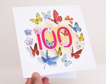 Butterfly Age 100th Birthday Card - 3D sculpture card - Happy Birthday 100 Card, Cards for her, Gift for Gardener, Made in the UK /LS35