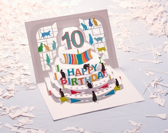 10th Birthday Cat Card - Pop Up Card - Age 10 Card, Birthday Cat Card, Cards for her, Cards for him, Made in the UK/POPCATA010