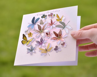 Butterfly, Flower and Dragonfly Happy Birthday Card, Spring card, 3D sculpture card, Card for women, Cards for her, Made in the UK /LS17