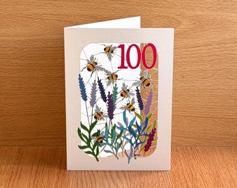 100th Birthday Bee Card, lasercut Card, Age 100 Card, Birthday Bee, 100th Bumblebee card, Cards for Her, Cards for Him, Made in UK, BE0100R