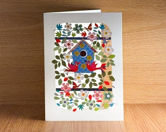 Tarjeta troquelada con láser "New Home Blank Bird House", con motivos de pájaros, mariposas y flores. Fabricada en el Reino Unido /PM206