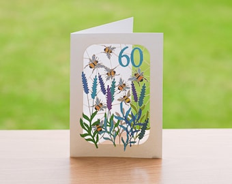 Carte du 60e anniversaire abeille, carte découpée au laser, carte de 60 ans, carte d'anniversaire abeille, carte du 60e bourdon, cartes pour elle, cartes pour lui, fabriqué au Royaume-Uni, BE060B