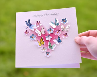 Butterfly Heart Happy Birthday card , For my girlfriend, 3D sculpture card, Card for women, Cards for her, butterfly lover, Made in UK /LS14