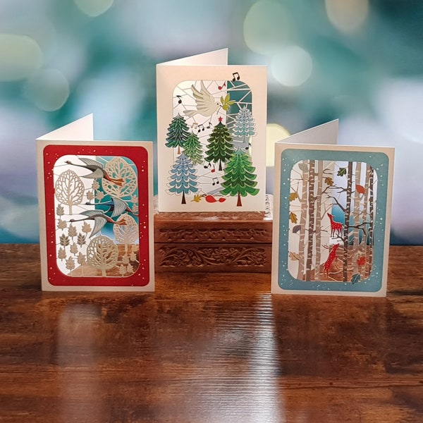 Pack navideño variado, Tarjetas navideñas cortadas con láser, Pack de 3 tarjetas navideñas, Tarjeta navideña 3D, Tarjeta para ella, Tarjeta para él, Fabricado en el Reino Unido, Pack navideño 1
