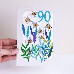 Carte des 90 ans - bleu - 90 ans, carte d'anniversaire abeille, carte bourdon des 90 ans, unisexe BE90B image 3