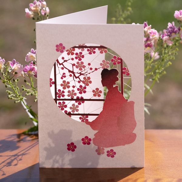Japanese Geisha Card - Blank Card - Floral Card, Flower lover Card, Oriental card - Cards for her - Lasercut Card - Made in the UK - PM694