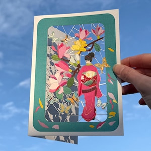 Carte Geisha japonaise - Carte vierge - Carte florale, Carte pour amoureux des fleurs, Carte orientale - Cartes pour elle - Carte découpée au laser - Fabriquée au Royaume-Uni - PM440