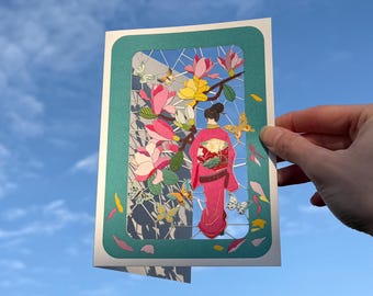 Japanese Geisha Card - Blank Card - Floral Card, Flower lover Card, Oriental card - Cards for her - Lasercut Card - Made in the UK - PM440