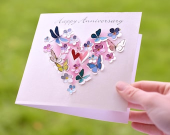 Butterfly, Hearts, Dragonfly Happy Anniversary Card, 3D sculpture card, Card for women, Cards for her, butterfly lover, Made in the UK /LS36