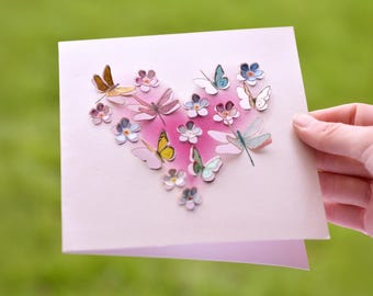 Butterfly, Dragonfly, Flower, Valentines Day Heart Card, 3D sculpture card, Card for women, Cards for her, butterfly lover, Made in UK /LS12