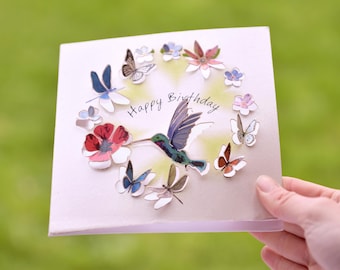 Hummingbird, Butterfly, Flower and Dragonfly Happy Birthday Card - 3D sculpture card - Card for women, Cards for her, Made in the UK /LS23