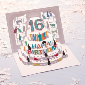 16th Birthday Cat Card - Pop Up Card - Age 16 Card, Birthday Cat Card, Cards for her, Cards for him, Made in the UK/ POPCATA016