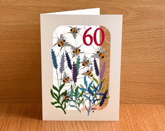 60th Birthday Bee Card, lasercut Card, Age 60 Card, Birthday Bee Card, 60th Bumblebee card, Cards for Her, Cards for Him, Made in UK, BE60R